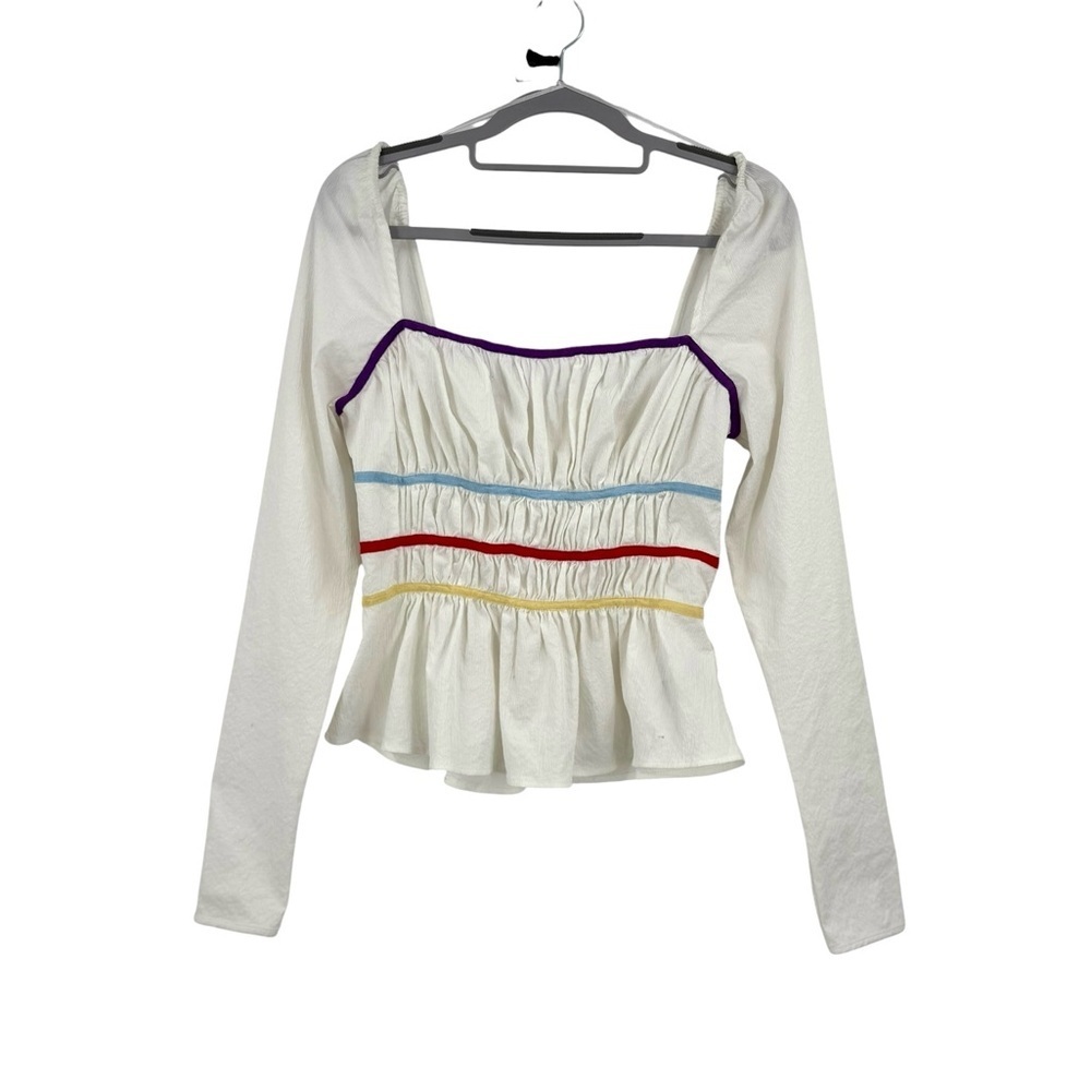 The East Order White Long Sleeve Smocked Peplum Top with Multicolor Trim Size M